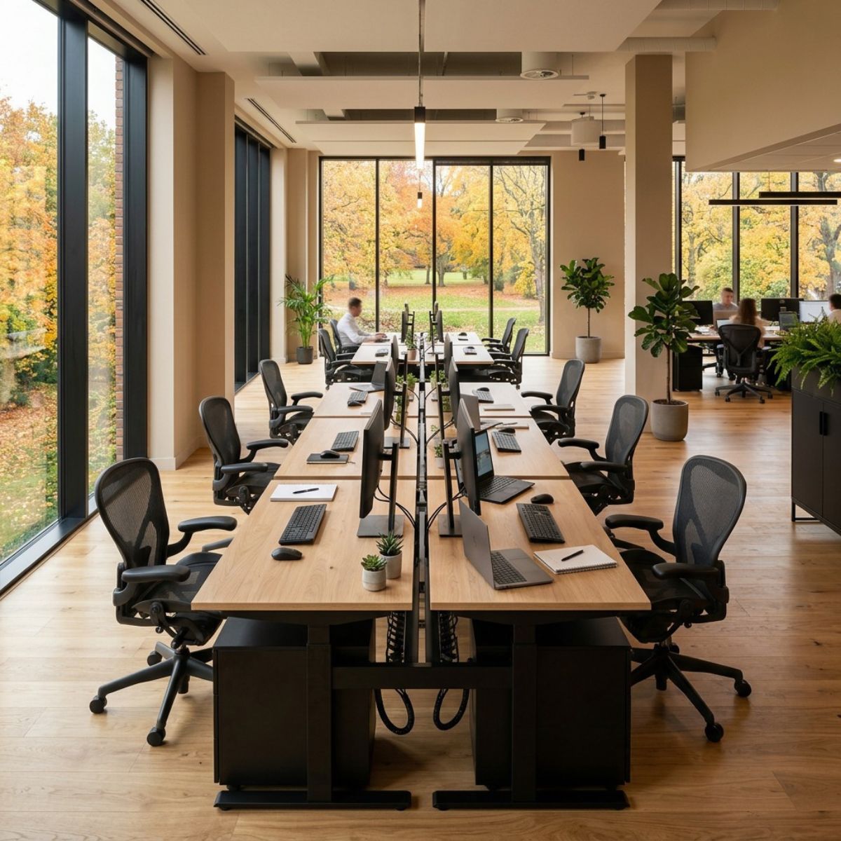 Puestos operativos con mesas y sillas ergonómicas de oficina reacondicionadas